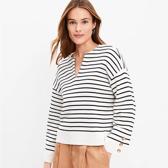 LOFT Striped Button Sleeve Split Neck Sweater NWT Sold Out OL - Picture 1 of 2